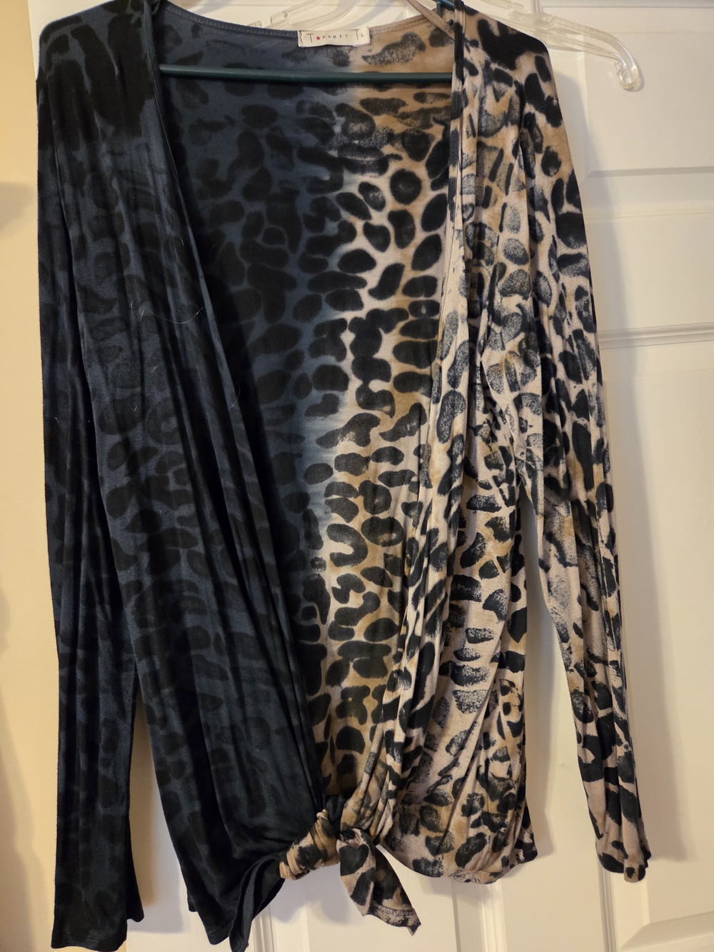 T Party Fashion Two-Tone Leopard Print Tie-Front Blouse - Black & Beige Large